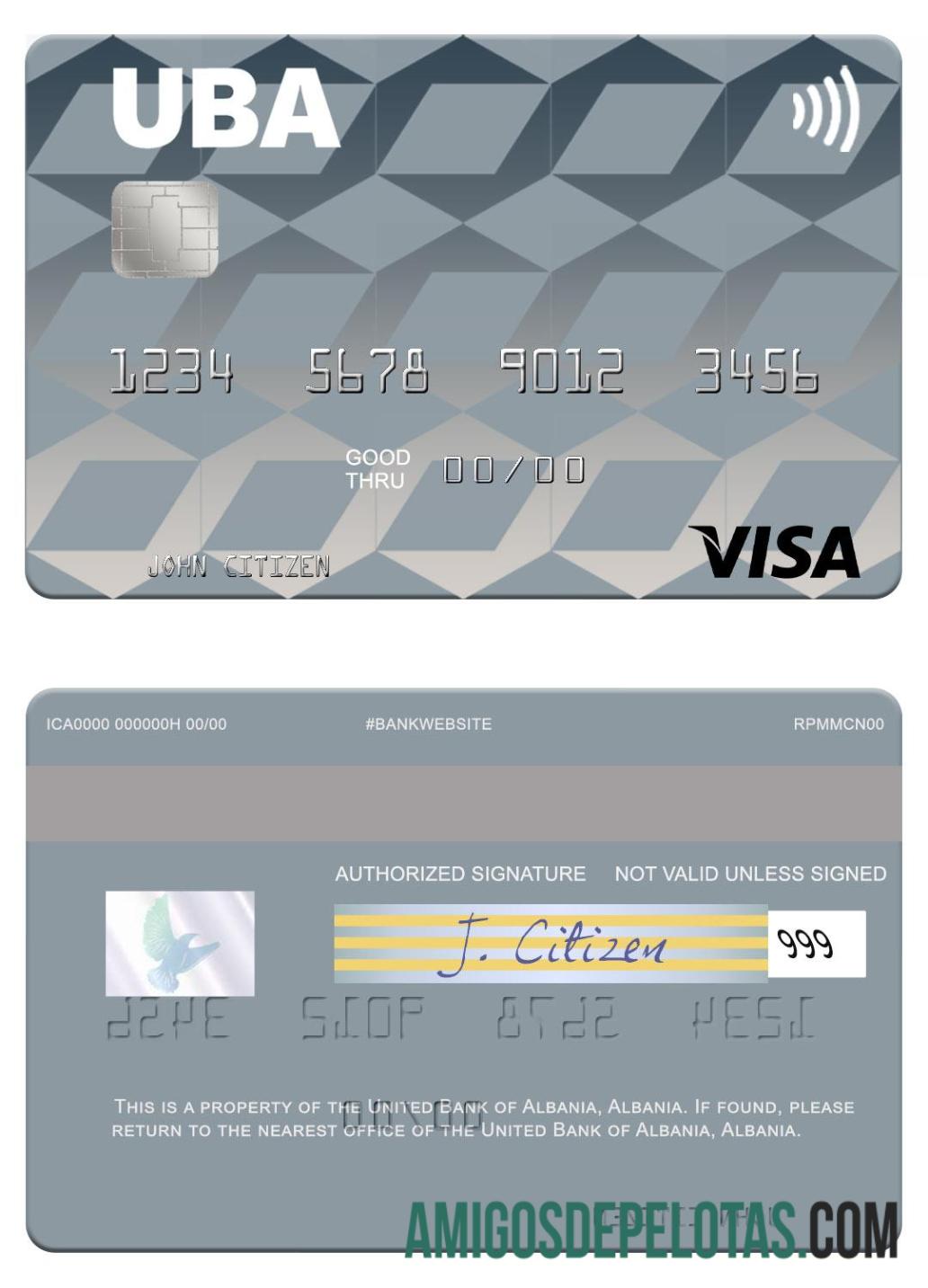 Cartão Visa do Banco Unido da Albânia da Albânia modelo